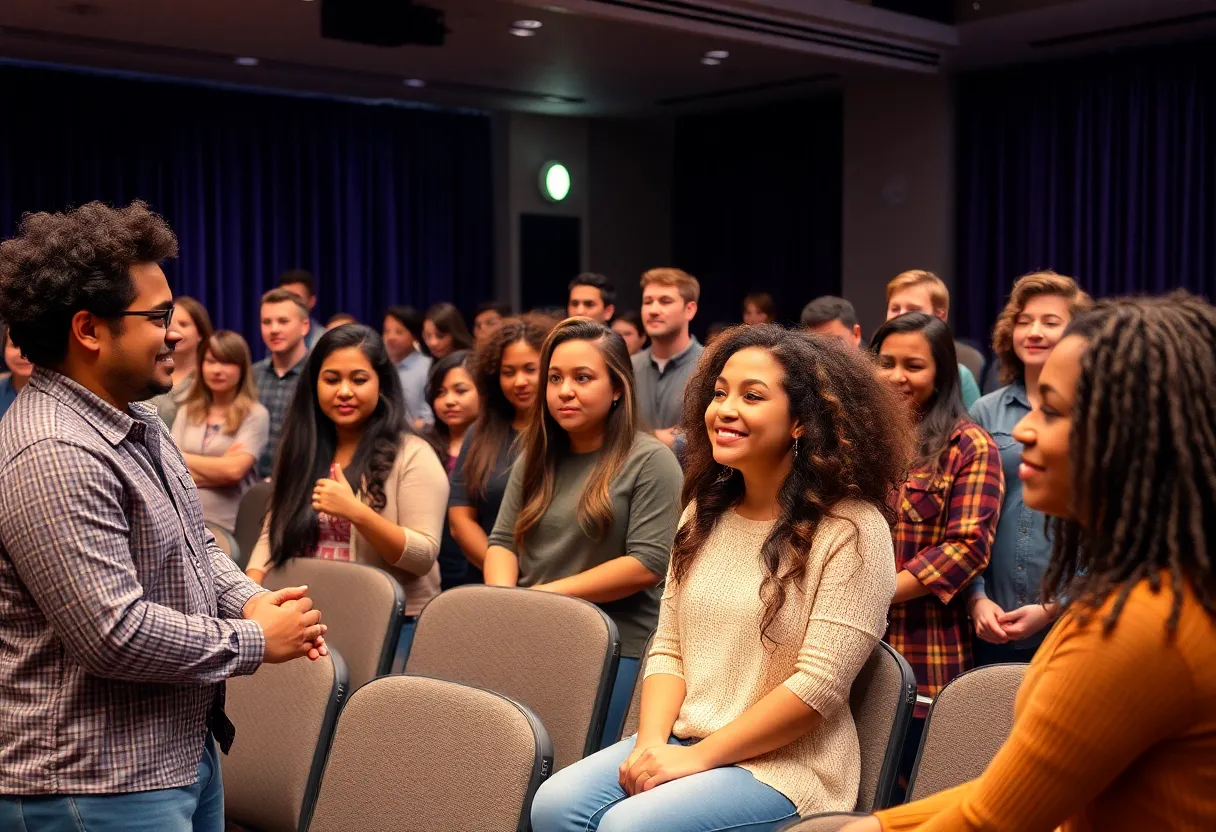Diverse group of actors in a theater preparing for auditions