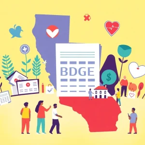 Illustration of California's budget proposal with healthcare symbols and financial documents.