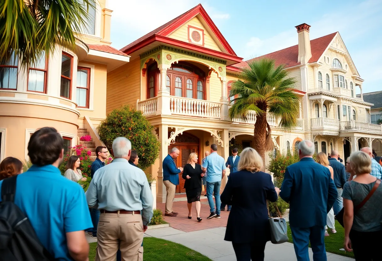 Tour attendees enjoying the Coronado historic home tour with beautiful architecture in the background.