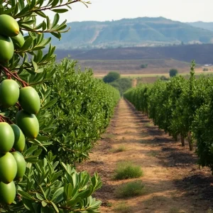 Burnt landscape behind healthy avocado trees in California