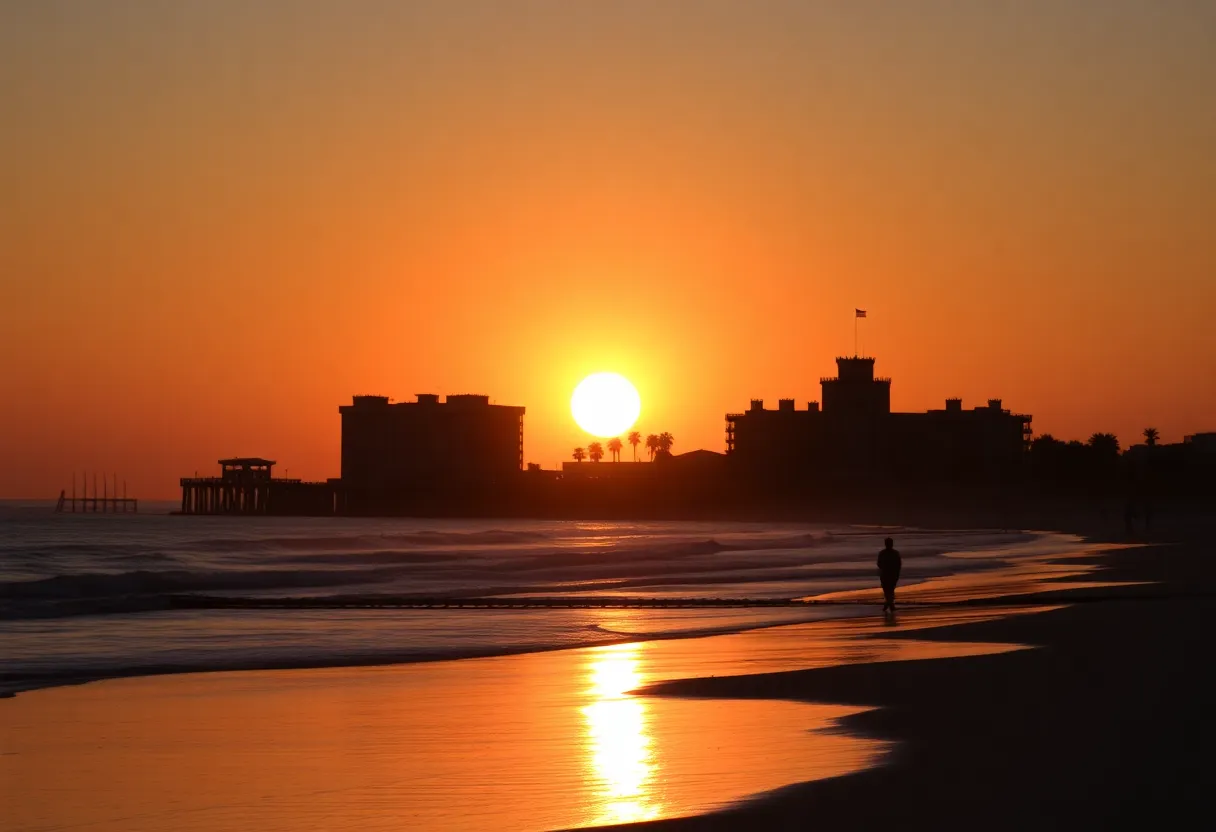 A picturesque sunset view over Coronado beach with Hotel del Coronado in silhouette.